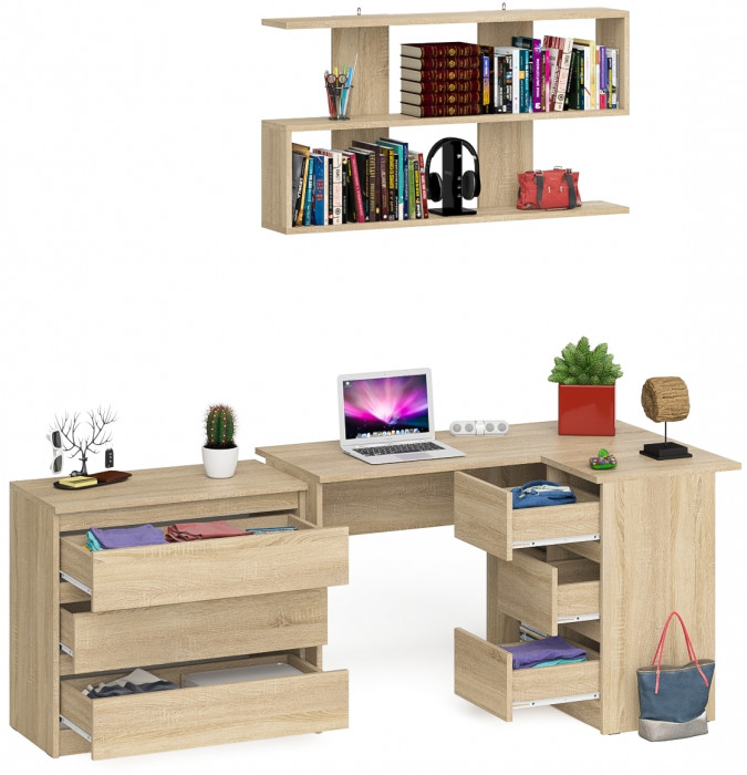 Мори компьютерный стол МС-16 правый + Комод МК800.1 + Полка 1200, дуб сонома