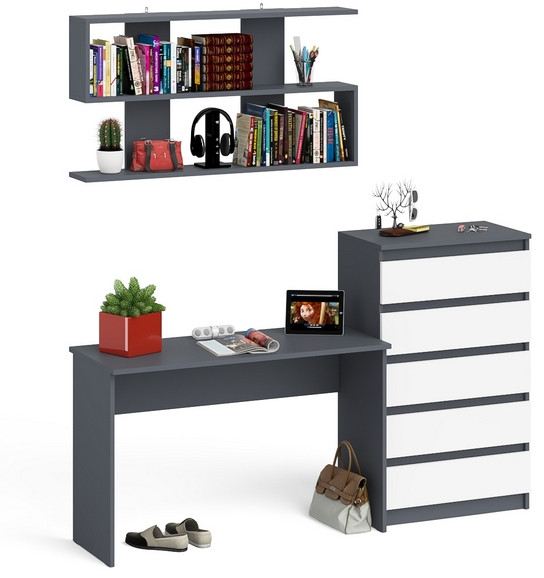 Мори Стол письменный МСП1200.1 + Комод МК700.5 + Полка 1200, цвет графит/белый, ШхГхВ 190,8х50х209,6 см., универсальная сборка