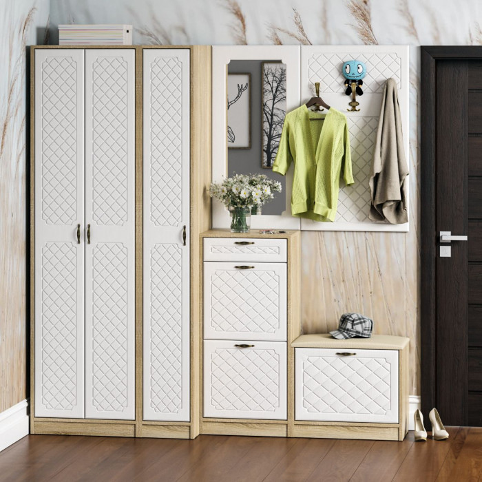 Прихожая П-6 Компоновка № 51, дуб сонома/фасады МДФ белое дерево фрезеровка ромб