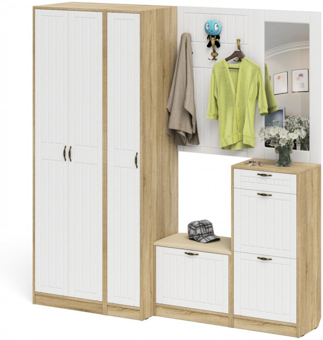 Прихожая П-6 Компоновка № 51, цвет дуб сонома/фасады МДФ белое дерево фрезеровка прованс, ШхГхВ 200х50х210 см., универсальная сборка