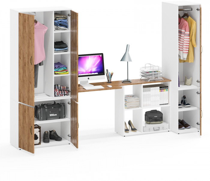 Лидер-8 Шкаф МД 20Б + Стол + Пенал 23Б, белый шагрень/крафт золото