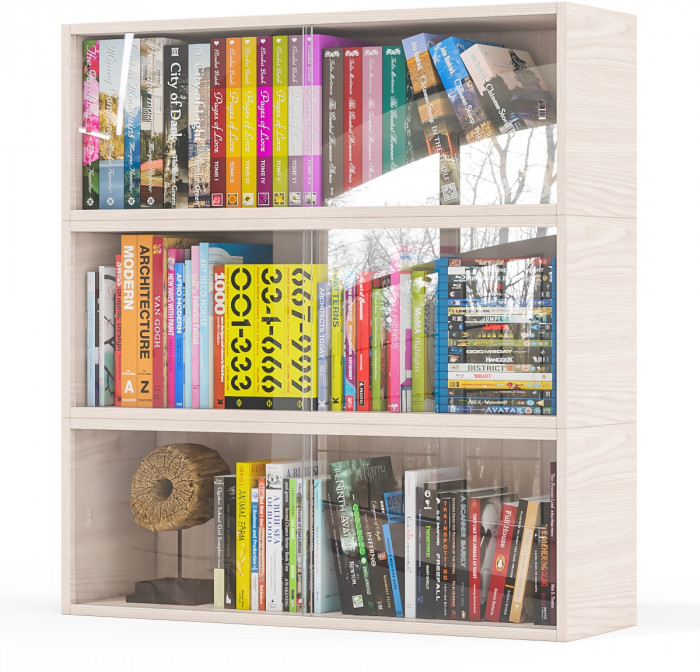 Три полки книжных С-МД-КН01, цвет ясень шимо светлый, размер каждой полки в отдельности: ШхГхВ 83х25х30 см., стеклянные дверцы