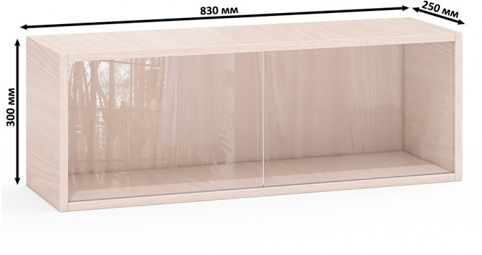 Три полки книжных С-МД-КН01, цвет ясень шимо светлый, размер каждой полки в отдельности: ШхГхВ 83х25х30 см., стеклянные дверцы