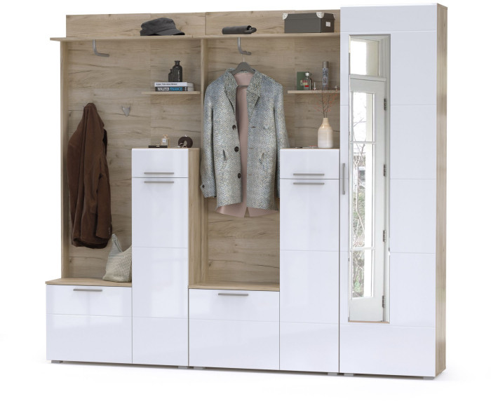 Лайн Прихожая № 03, цвет дуб крафт серый/фасады МДФ белый глянец, ШхГхВ 234,6х35,1х210 см., НЕ универсальная сборка