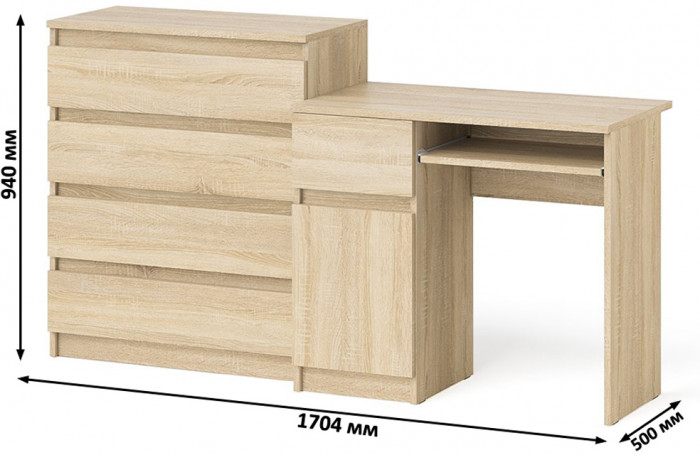 Мори Стол компьютерный МС-1 левый + Комод МК800.4, цвет дуб сонома, ШхГхВ 170,4х50х94 см., выдвижной ящик слева, НЕ универсальная сборка