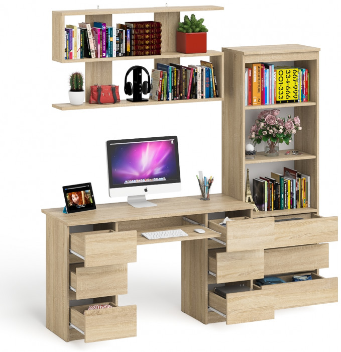 Мори компьютерный стол МС-2 + Стеллаж МСТ600.3 + Полка 1200, дуб сонома