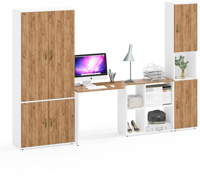 Лидер-8 Шкаф МД 20Б + Стол + Пенал, белый шагрень/крафт золото