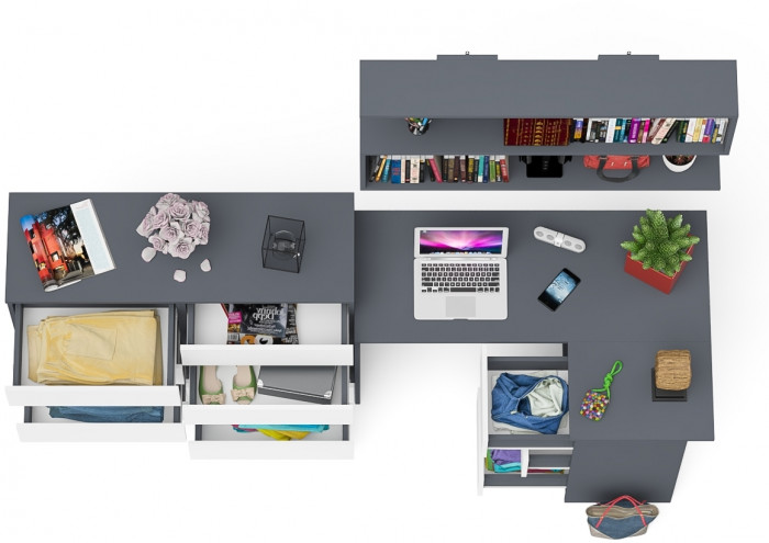 Мори компьютерный стол МС-16 правый + Комод МК1200.8 + Полка 1200, графит/белый