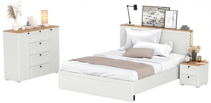 Остин 11.53 Кровать + ортопед + 16.152 Тумба прикроватная + 16.221 Комод, белый шагрень/дуб крафт золотой