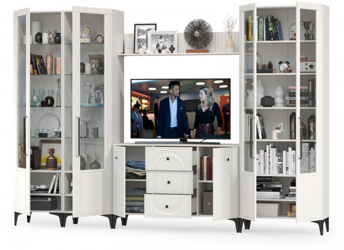 Валенсия Гостиная № 104, цвет ЛДСП белый шагрень/МДФ белый шагрень, ШхГхВ 327,3х38,4х225,2 см., ниша для ТВ 133х38х100 см., универсальная сборка