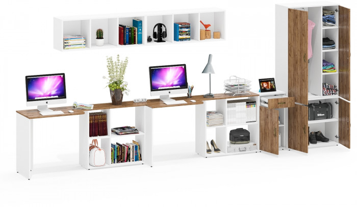 Лидер-8 Стол + Полка + Стол + Полка + Шкаф МД 20Б + Тумба МД 3.15, белый шагрень/крафт золото