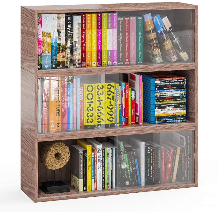 Три полки книжных С-МД-КН01, цвет ясень шимо тёмный, ШхГхВ размер каждой полки в отдельности: 83х25х30 см., стеклянные дверцы