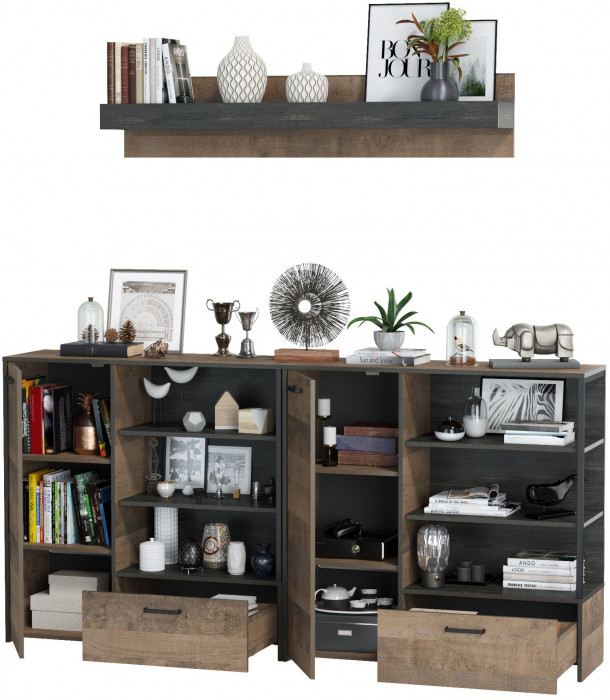 Трувор Гостиная 001, цвет дуб гранж песочный/интра, ШхГхВ 218х36,9х195 см., универсальная сборка