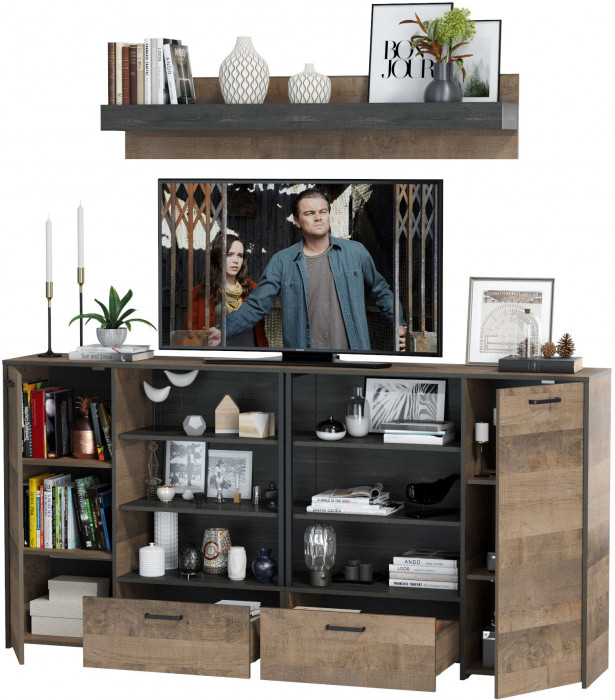 Трувор Гостиная 001, цвет дуб гранж песочный/интра, ШхГхВ 218х36,9х195 см., универсальная сборка