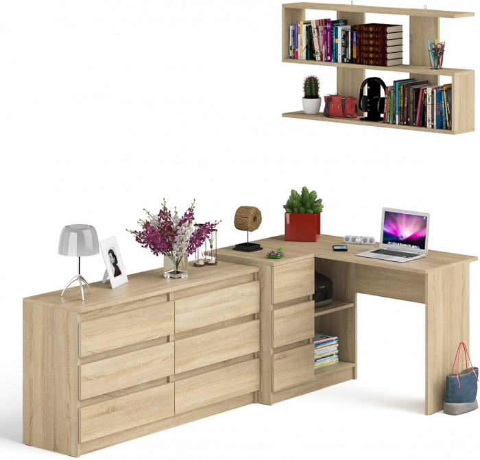Мори компьютерный стол МС-16 левый + Комод МК1380.6 + Полка 1200, дуб сонома