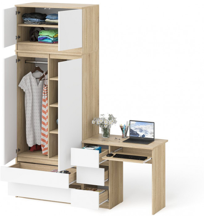 Мори Стол компьютерный МС-6 левый + Шкаф МШ900.1 + Антресоль МА900.1, цвет дуб сонома/белый, ШхГхВ 180,4х50,4х234,2 см., выдвиж. ящ. слева, НЕ ун. сб.