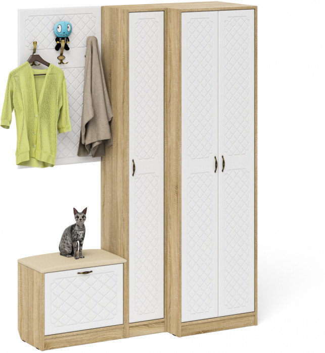 Прихожая П-6 Компоновка № 27, дуб сонома/фасады МДФ белое дерево фрезеровка ромб