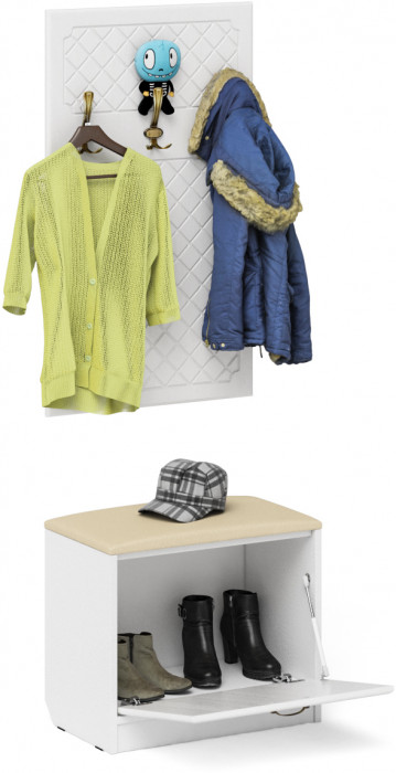 Прихожая П-6 Тумба + Вешалка, белая шагрень/фасады МДФ белое дерево фрезеровка ромб