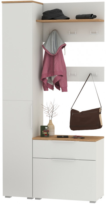 Октава Прихожая 16, цвет белый шагрень/дуб крафт золотой/фасады МДФ белый шагрень, ШхГхВ 97,1х35,4х197,6 см., универсальная сборка