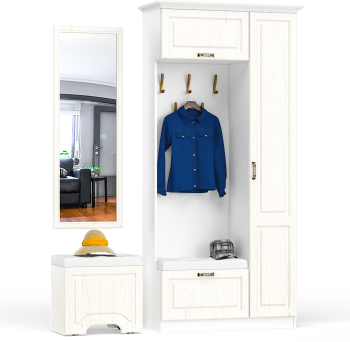 Ливерпуль Прихожая 13.21 + карниз 1000 + Зеркало 03.242 + Пуф 14.02, ясень ваниль/белый