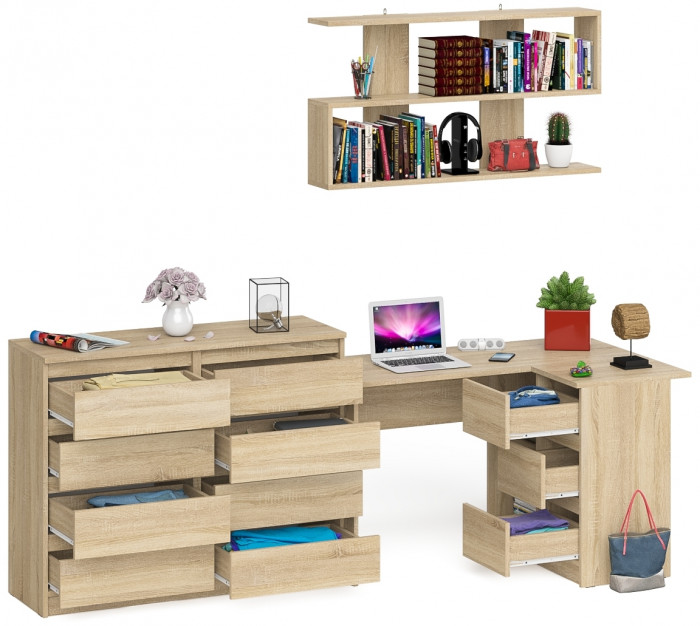 Мори компьютерный стол МС-16 правый + Комод МК1200.8 + Полка 1200, дуб сонома