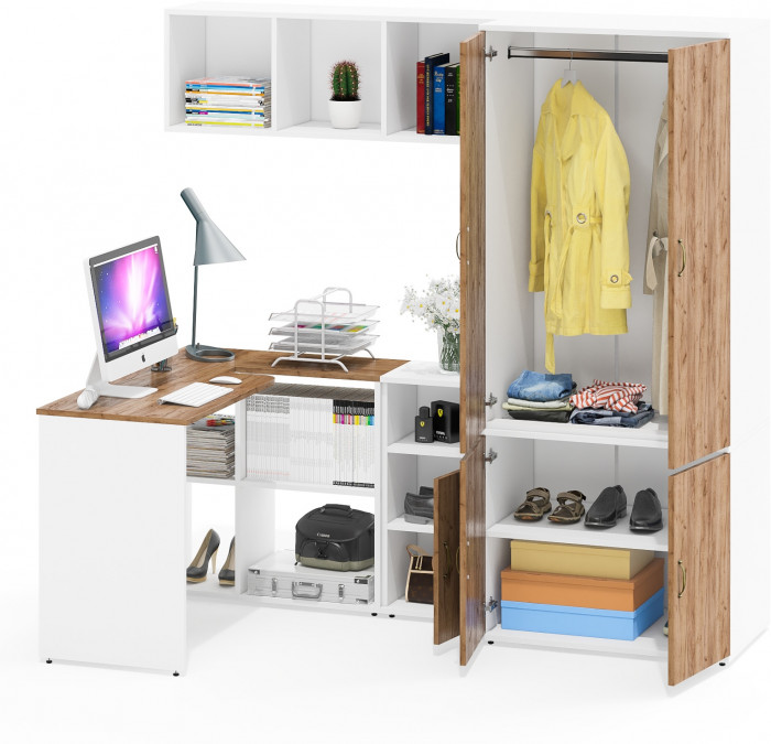 Лидер-8 Стол + Полка + Тумба МД 3.19 + Шкаф МД 19Б, цвет белый шагрень/крафт золото, ШхГхВ 285х50/50х75/190 или 200х115/50х75/190 см., НЕ ун. сб.