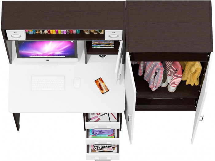 Стол компьютерный С-МД-СК9+Шкаф С-МД-СК9Ш, цвет венге/белый шагрень, ШхГхВ 172х70х160 см., НЕ универсальная сборка