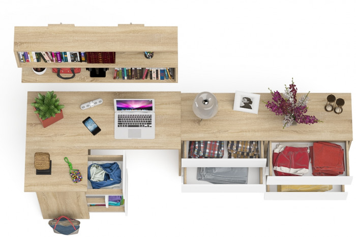 Мори компьютерный стол МС-16 левый + Комод МК1380.6 + Полка 1200, дуб сонома/белый