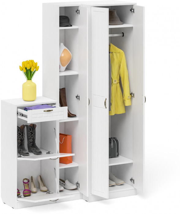 Прихожая П-6 Компоновка № 28, белая шагрень/фасады МДФ белое дерево фрезеровка прованс