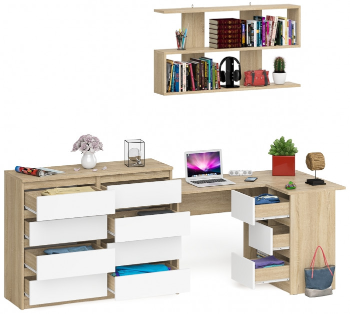 Мори компьютерный стол МС-16 правый + Комод МК1200.8 + Полка 1200, дуб сонома/белый