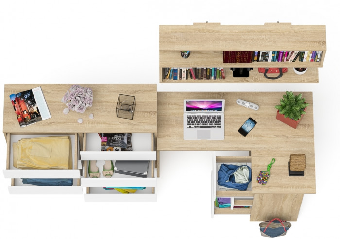 Мори компьютерный стол МС-16 правый + Комод МК1200.8 + Полка 1200, дуб сонома/белый