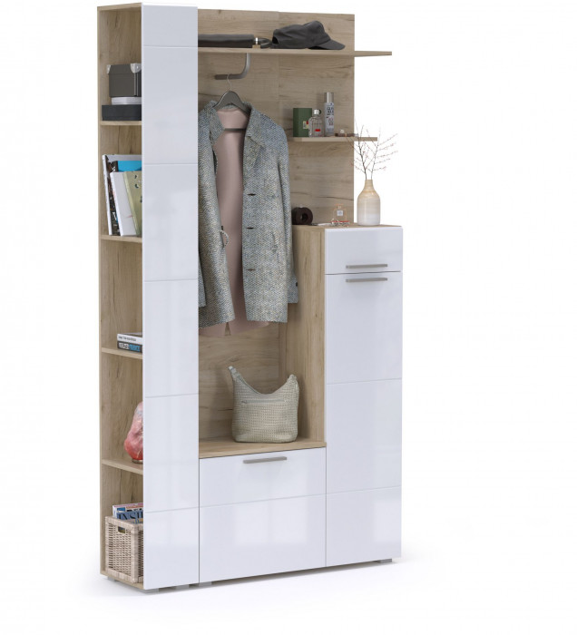 Лайн Прихожая № 06, цвет дуб крафт серый/фасады МДФ белый глянец, ШхГхВ 111,8х35,1х210 см., НЕ универсальная сборка