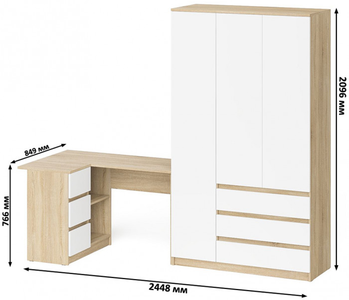 Мори компьютерный стол МС-16 левый + Шкаф МШ1200.1, дуб сонома/белый
