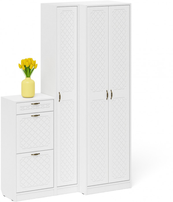 Прихожая П-6 Компоновка № 28, белая шагрень/фасады МДФ белое дерево фрезеровка ромб