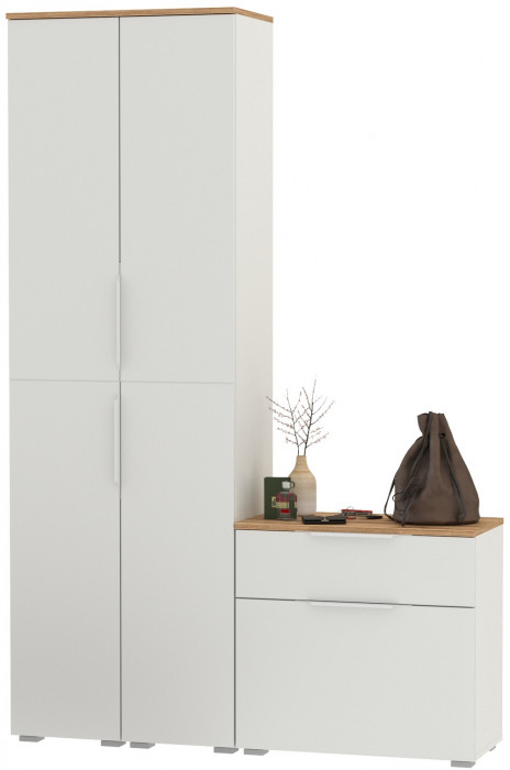 Октава Прихожая 17, цвет белый шагрень/дуб крафт золотой/фасады МДФ белый шагрень, ШхГхВ 129,3х35,4х197,6 см., универсальная сборка