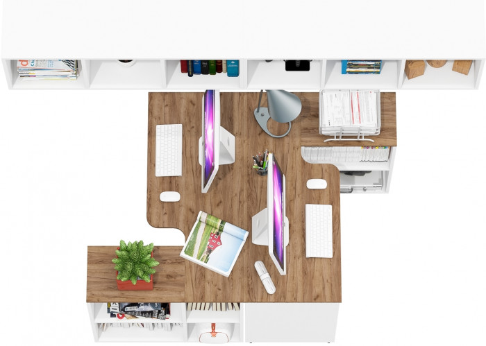 Лидер-8 Стол + Полка + Стол + Полка, белый шагрень/крафт золото