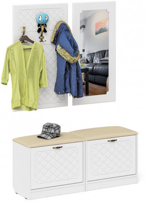 Прихожая П-6 Компоновка № 02, белая шагрень/фасады МДФ белое дерево фрезеровка ромб