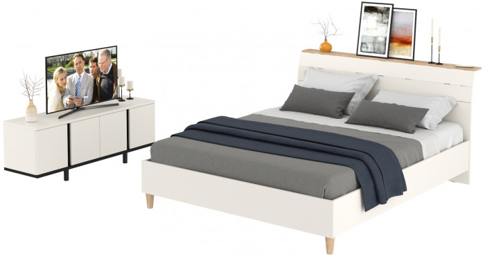 Муссон Кровать 11.41 + ортопед + Тумба под ТВ Квадро 13.276, цвет белый/чёрный/дуб эндгрейн элегантный, сп. м. 1600х2000 мм., б/м