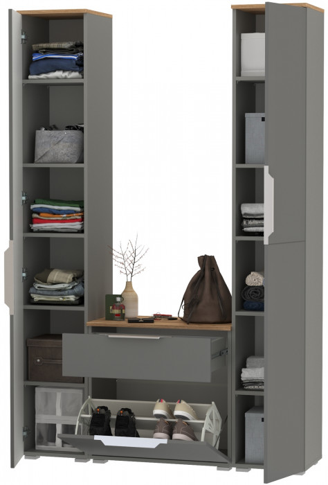 Октава Прихожая 17, цвет серый графит/дуб крафт золотой/фасады МДФ серый графит, ШхГхВ 129,3х35,4х197,6 см., универсальная сборка