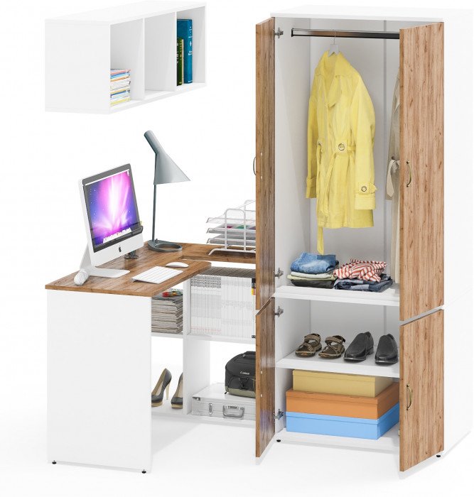 Лидер-8 Стол + Полка + Шкаф МД 19Б, цвет белый шагрень/крафт золото, ШхГхВ 245х50х75/190 или 115х160/50х75/190 см., НЕ универсальная сборка