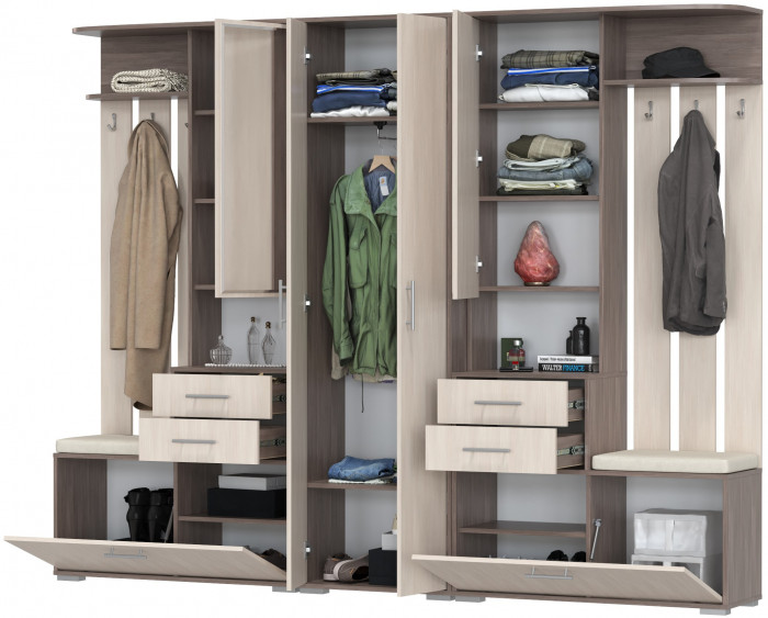 Прихожая Домино 3, цвет бодега тёмный/бодега светлый, ШхГхВ 260х36х202 см., универсальная сборка