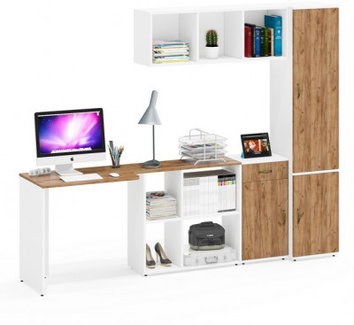 Лидер-8 Стол + Полка + Тумба МД 3.15 + Пенал МД 21Б, белый шагрень/крафт золото