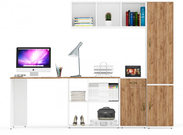 Лидер-8 Стол + Полка + Тумба МД 3.15 + Пенал МД 21Б, белый шагрень/крафт золото