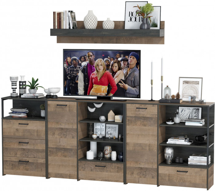 Трувор Гостиная 005, цвет дуб гранж песочный/интра, ШхГхВ 284х37х195 см., универсальная сборка