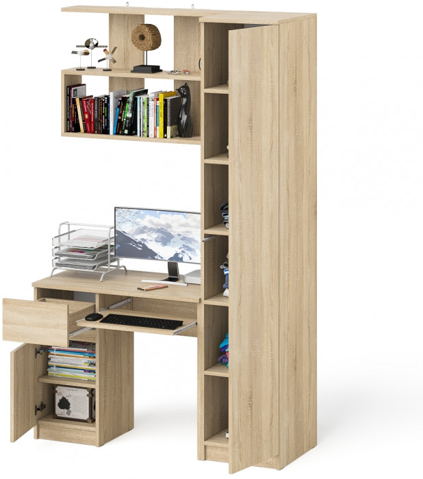 Мори Стол компьютерный МС-1 левый + Пенал МШ400.1 + Полка 900, цвет дуб сонома, ШхГхВ 130,4х50,4х209,6 см., НЕ универсальная сборка