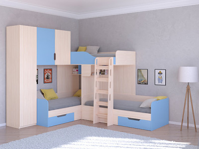 Трехместная кровать ТРИО/1 Дуб молочный/Голубой