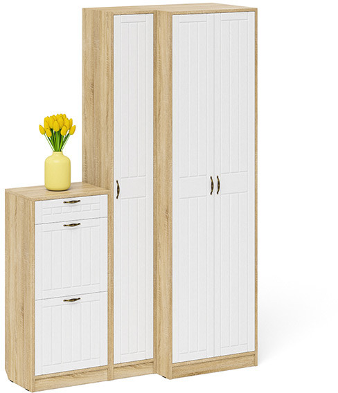 Прихожая П-6 Компоновка № 28, дуб сонома/фасады МДФ белое дерево фрезеровка прованс