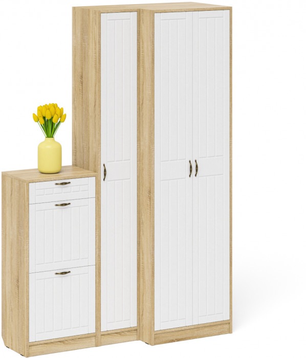 Прихожая П-6 Компоновка № 28, дуб сонома/фасады МДФ белое дерево фрезеровка прованс