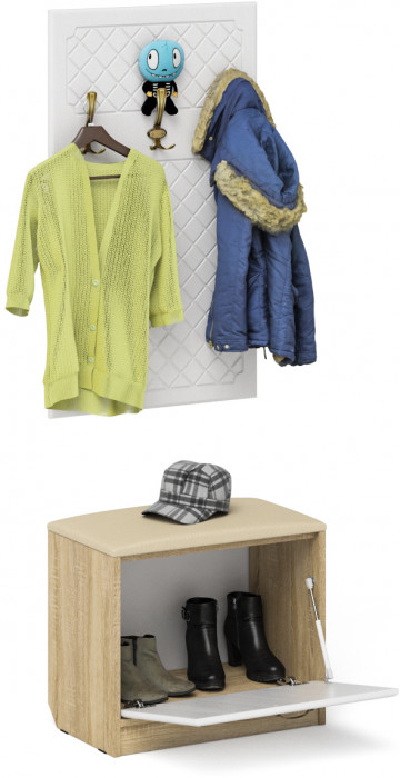 Прихожая П-6 Тумба + Вешалка, дуб сонома/фасады МДФ белое дерево фрезеровка ромб