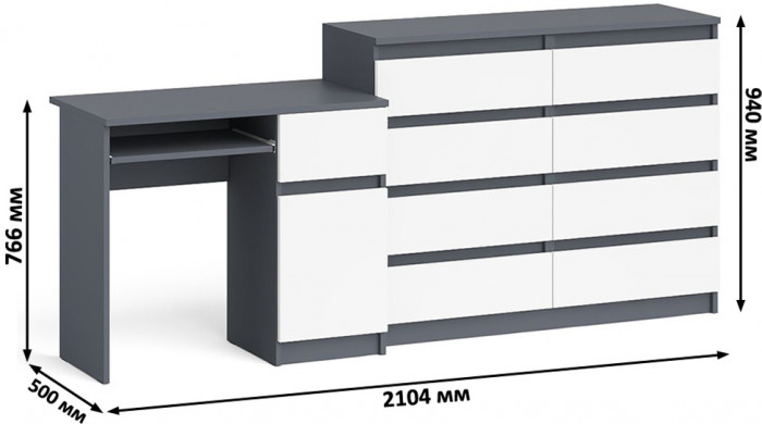 Мори компьютерный стол МС-1 правый + Комод МК1200.8, графит/белый